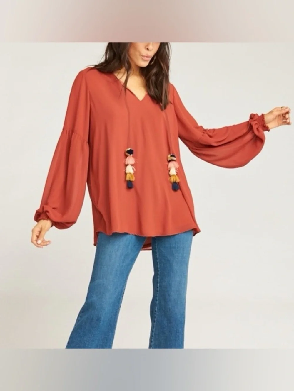 Show Me Your MuMu - Jelina Tassel Long Sleeve V Neck Boho Blouse Size Small